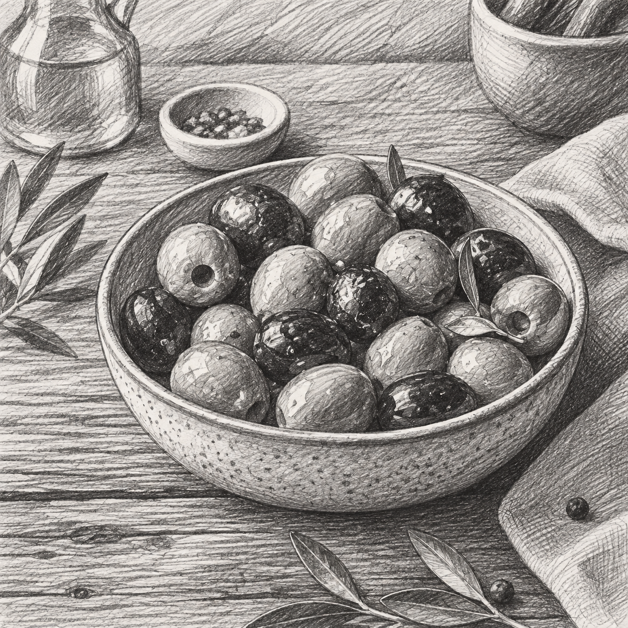 Bowl of green and black olives