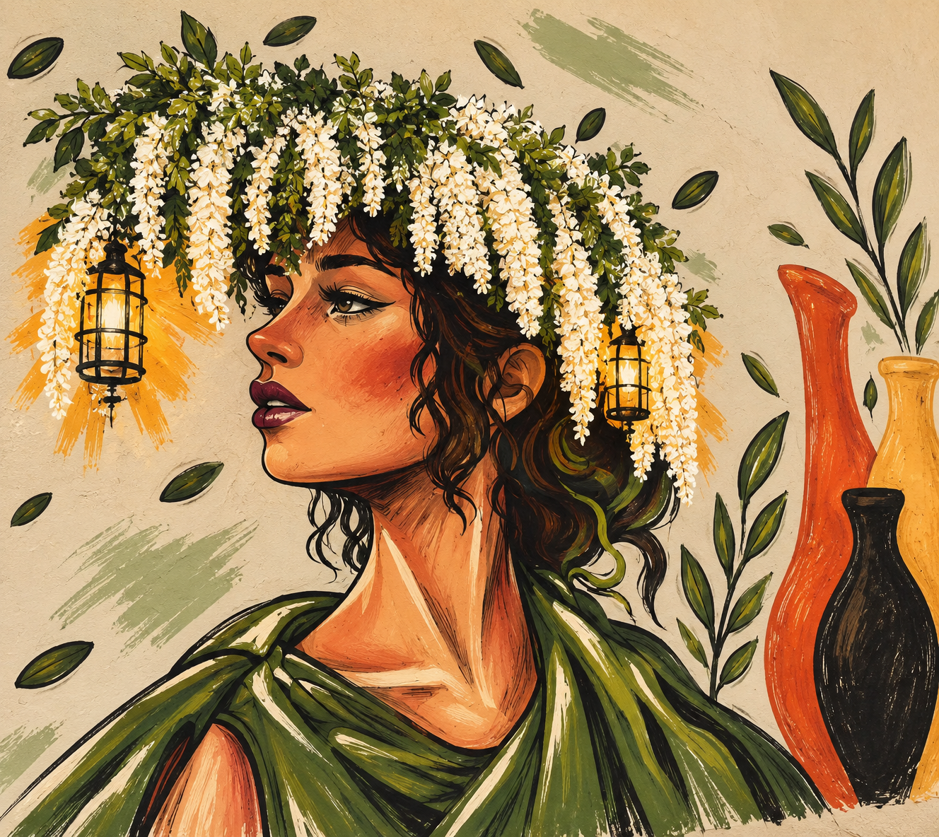 Illustrated Mediterranean woman with terracotta pottery